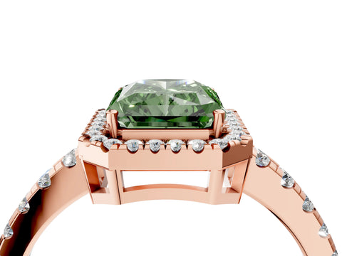 Rose gold Fancy Green Radiant Cut Diamond Halo Ring with Pavé Band and Four-Prong Setting_4