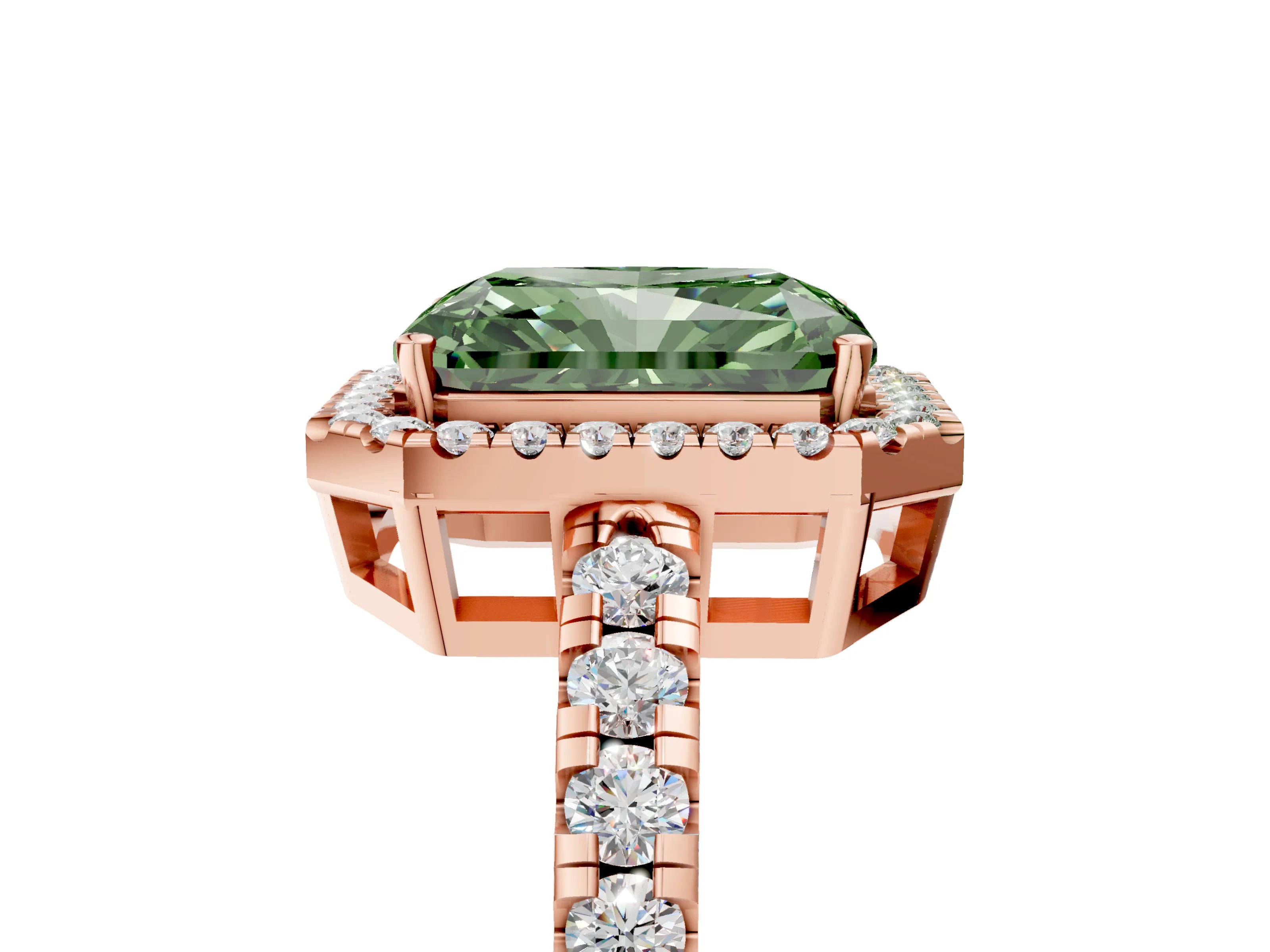 Rose gold Fancy Green Radiant Cut Diamond Halo Ring with Pavé Band and Four-Prong Setting_5
