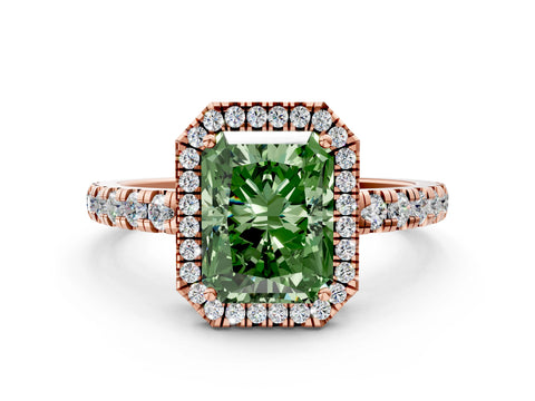 Rose gold Fancy Green Radiant Cut Diamond Halo Ring with Pavé Band and Four-Prong Setting