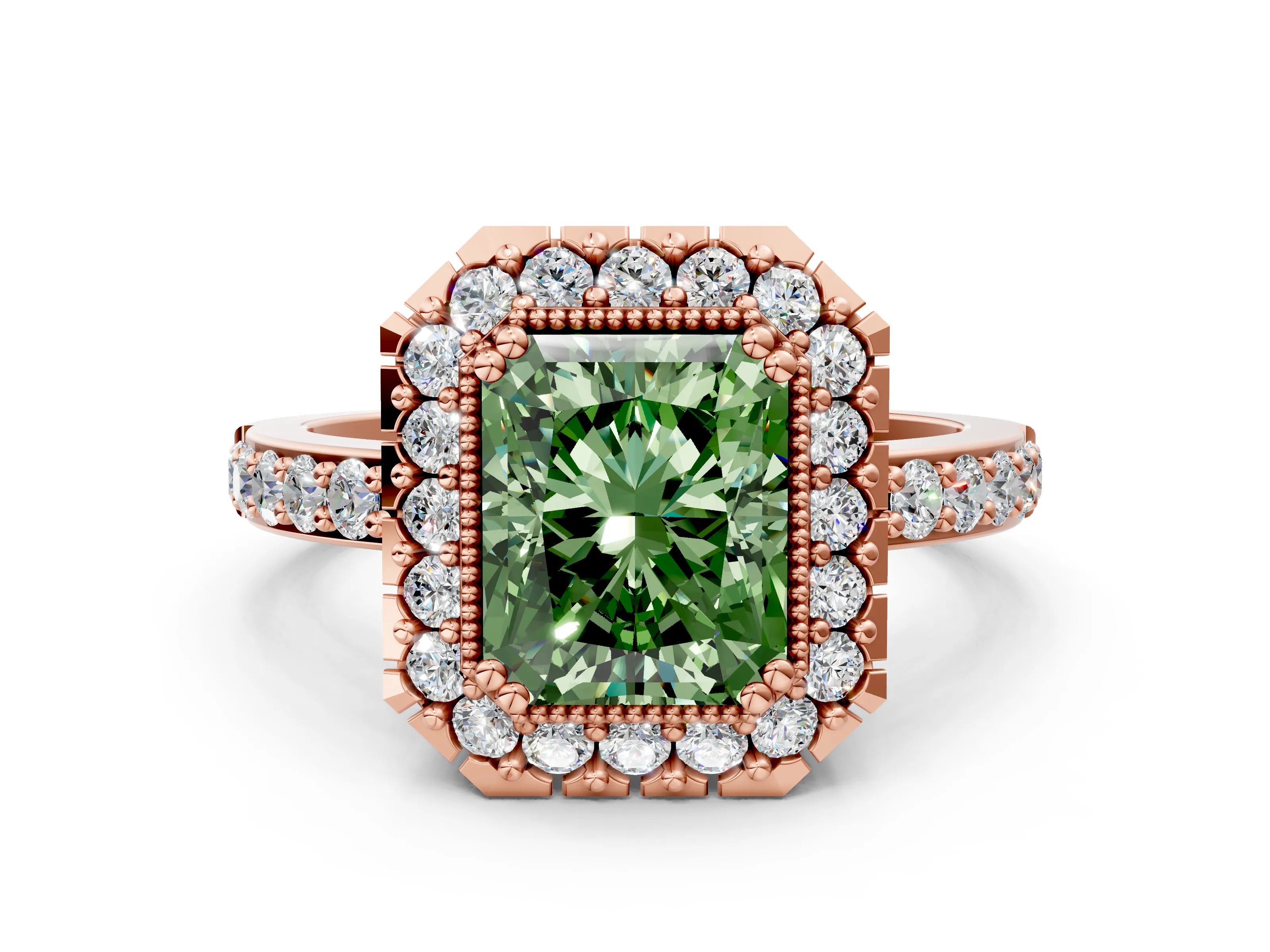 Rose gold Fancy Green Radiant Cut Diamond Halo Ring with Pavé Band and Prong Setting