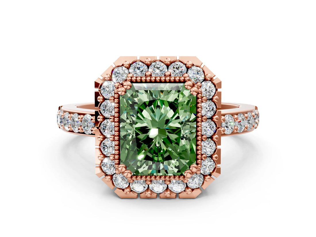 Rose gold Fancy Green Radiant Cut Diamond Halo Ring with Pavé Band and Prong Setting