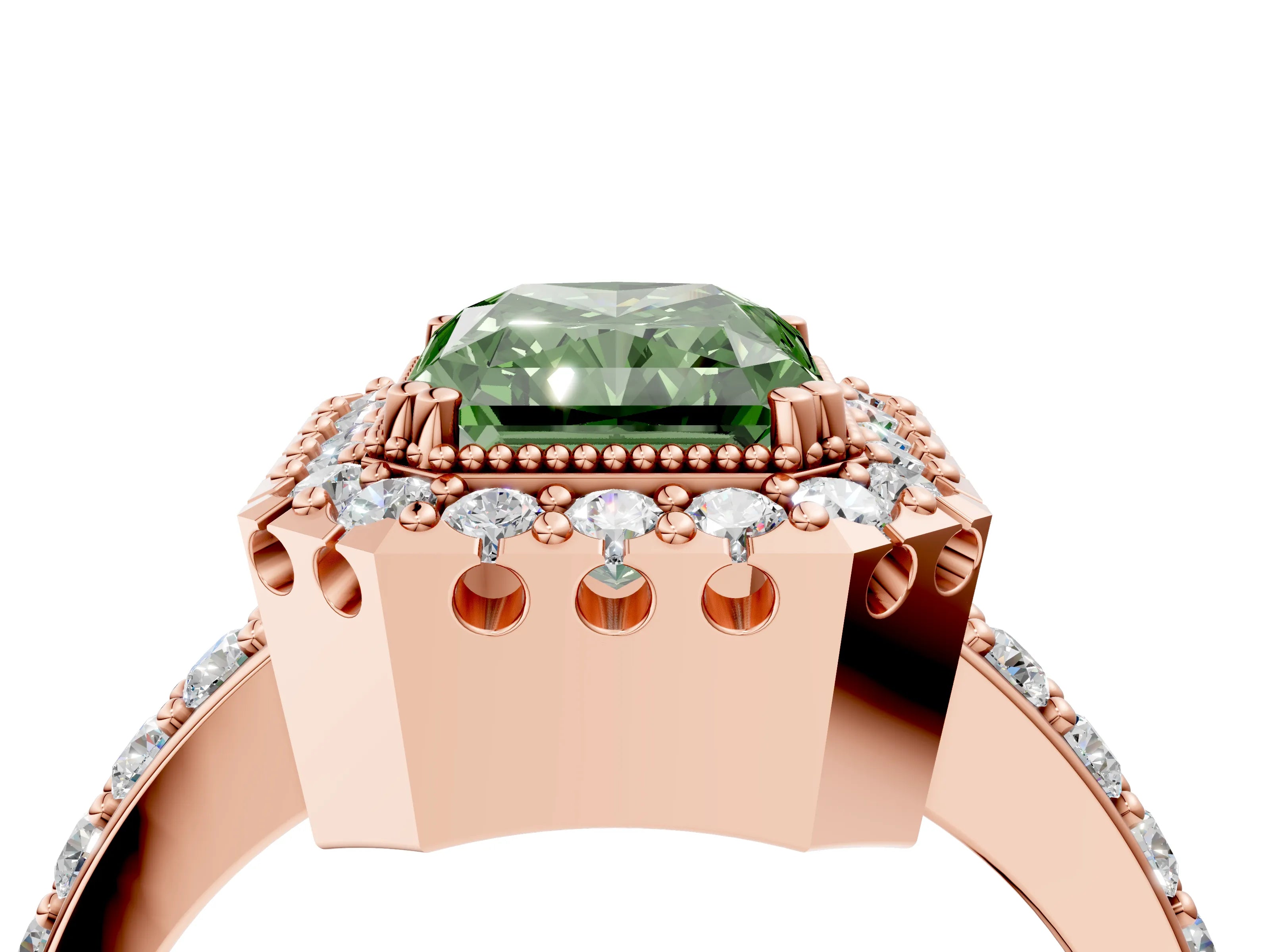 Rose gold Fancy Green Radiant Cut Diamond Halo Ring with Pavé Band and Prong Setting_4