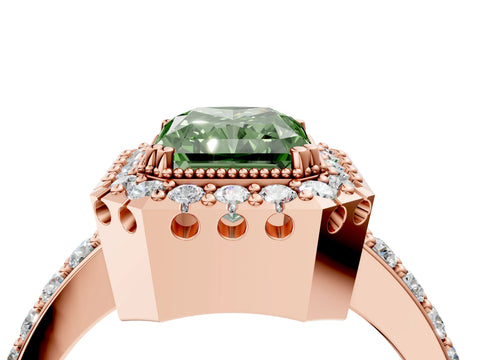 Rose gold Fancy Green Radiant Cut Diamond Halo Ring with Pavé Band and Prong Setting_4
