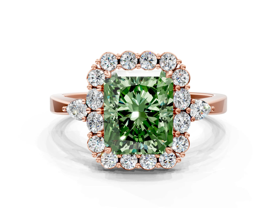 Rose gold Fancy Green Radiant Cut Diamond Halo Ring with Pear Side Stones and Prong Setting_61