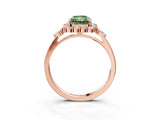 Rose gold Fancy Green Radiant Cut Diamond Halo Ring with Pear Side Stones and Prong Setting_64