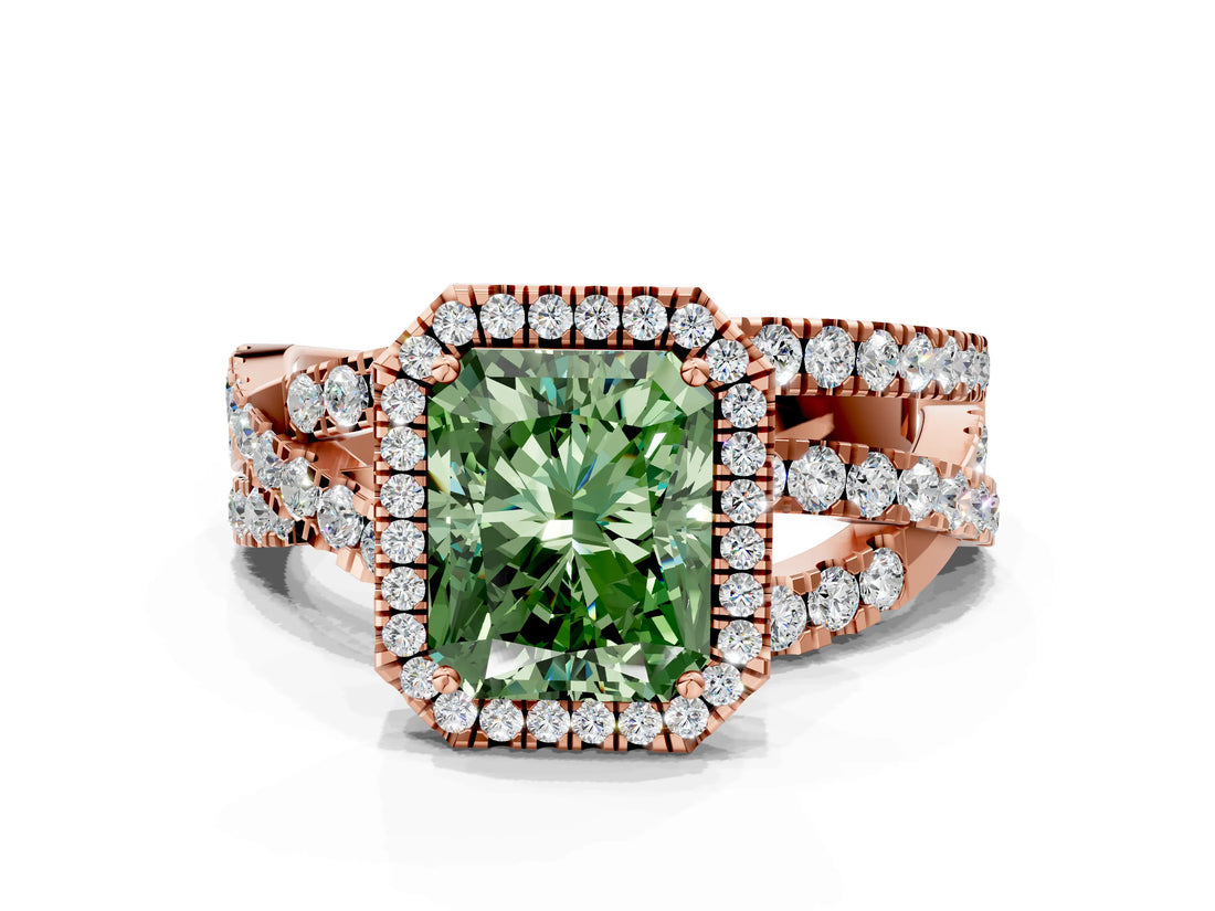 Rose gold Fancy Green Radiant Cut Diamond Halo Ring with Round Split Shank and Prong Setting_36