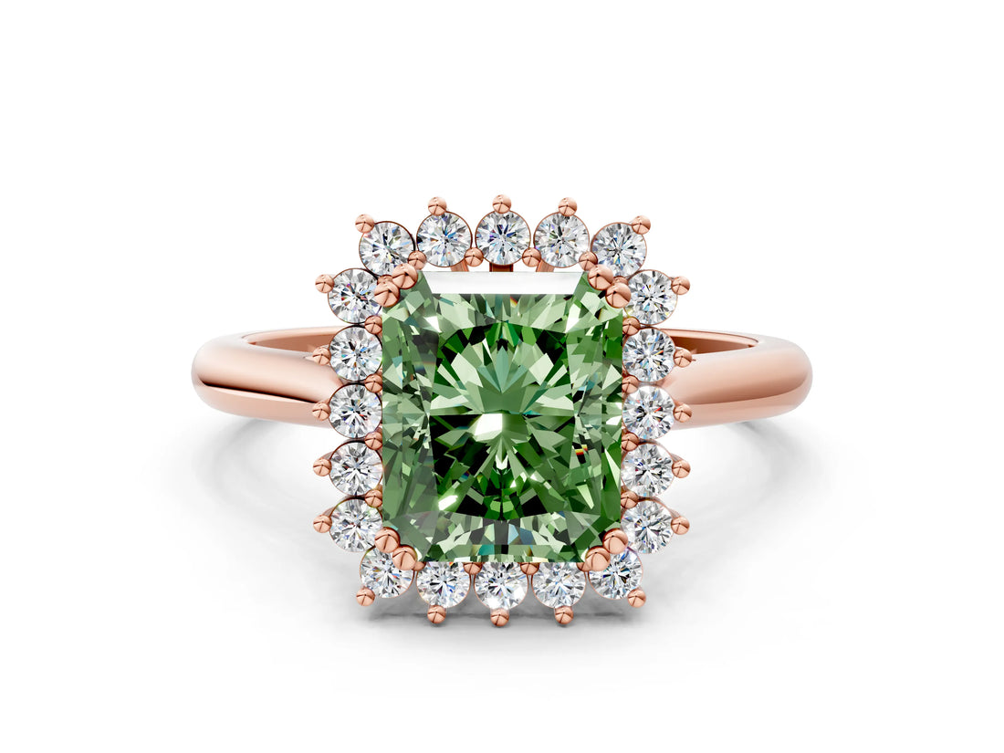 Rose gold Fancy Green Radiant  Cut Diamond Halo Ring with Solitaire Band and Prong Setting_52