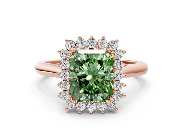 Rose gold Fancy Green Radiant  Cut Diamond Halo Ring with Solitaire Band and Prong Setting