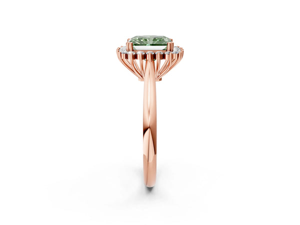 Rose gold Fancy Green Radiant  Cut Diamond Halo Ring with Solitaire Band and Prong Setting