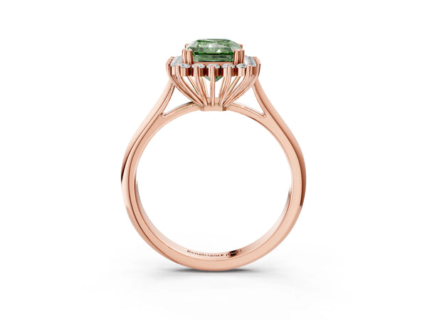 Rose gold Fancy Green Radiant  Cut Diamond Halo Ring with Solitaire Band and Prong Setting