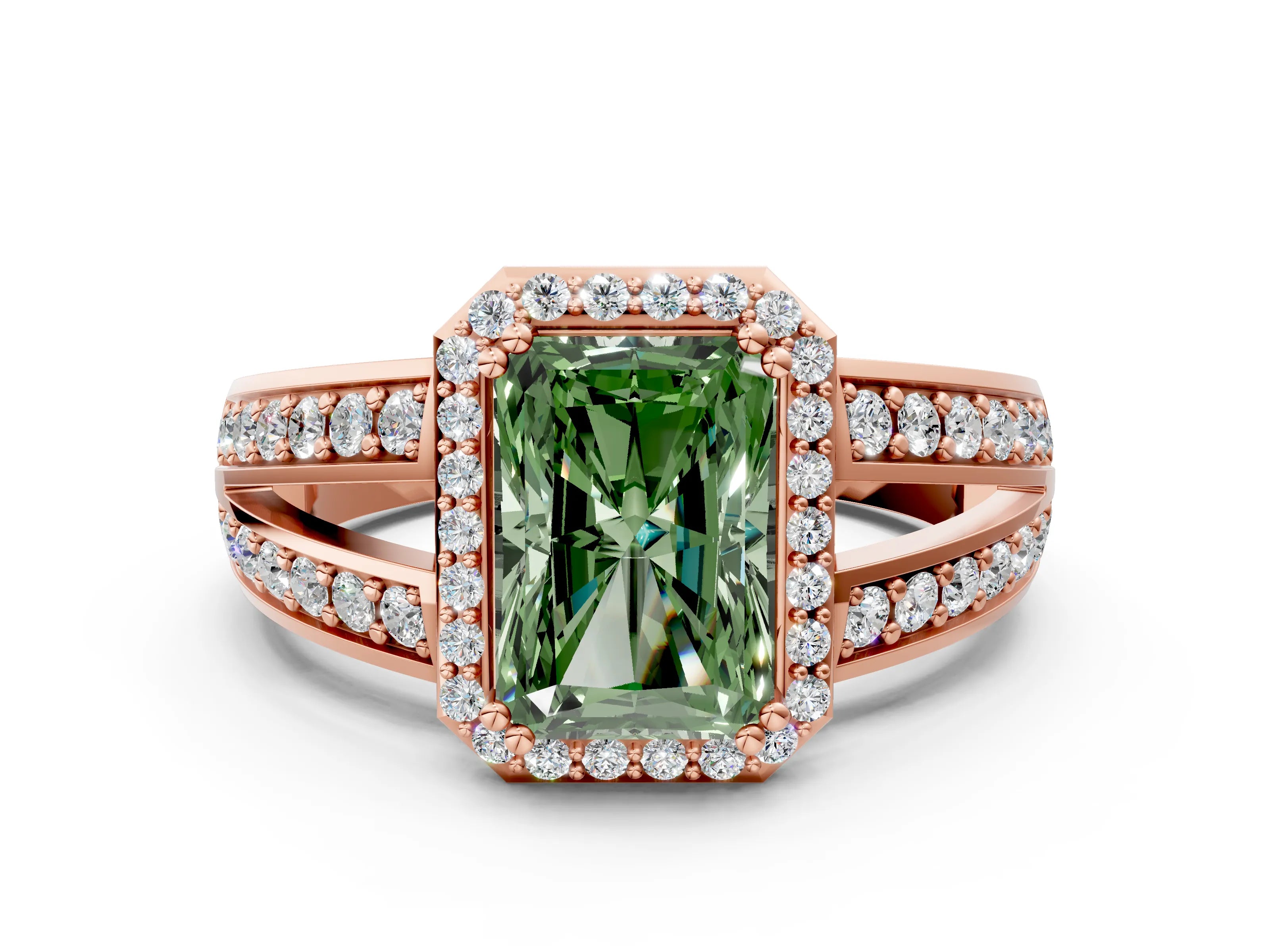 Rose gold Fancy Green Radiant Cut Diamond Halo Ring with Split Shank Pavé Band and Four-Prong Setting