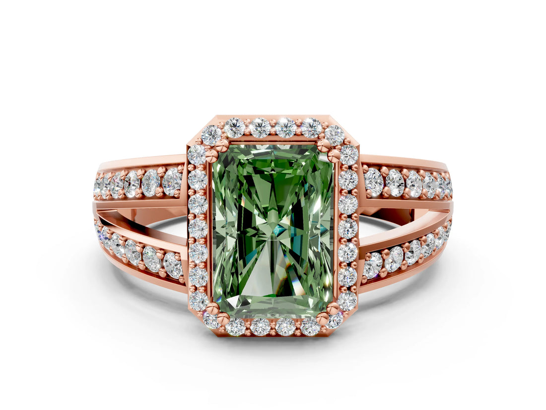 Rose gold Fancy Green Radiant Cut Diamond Halo Ring with Split Shank Pavé Band and Four-Prong Setting