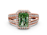 Rose gold Fancy Green Radiant Cut Diamond Halo Ring with Split Shank Pavé Band and Four-Prong Setting