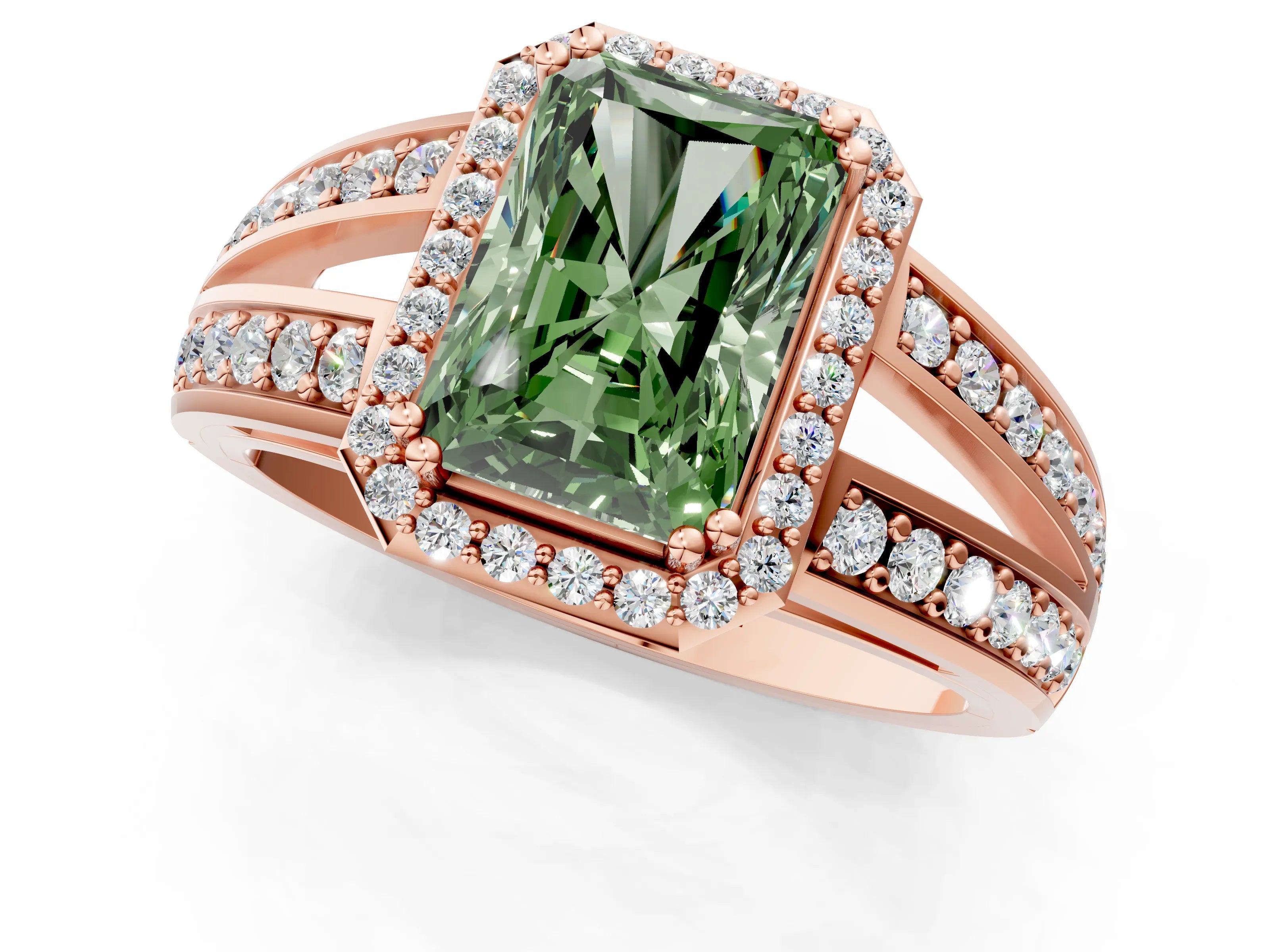 Rose gold Fancy Green Radiant Cut Diamond Halo Ring with Split Shank Pavé Band and Four-Prong Setting_1