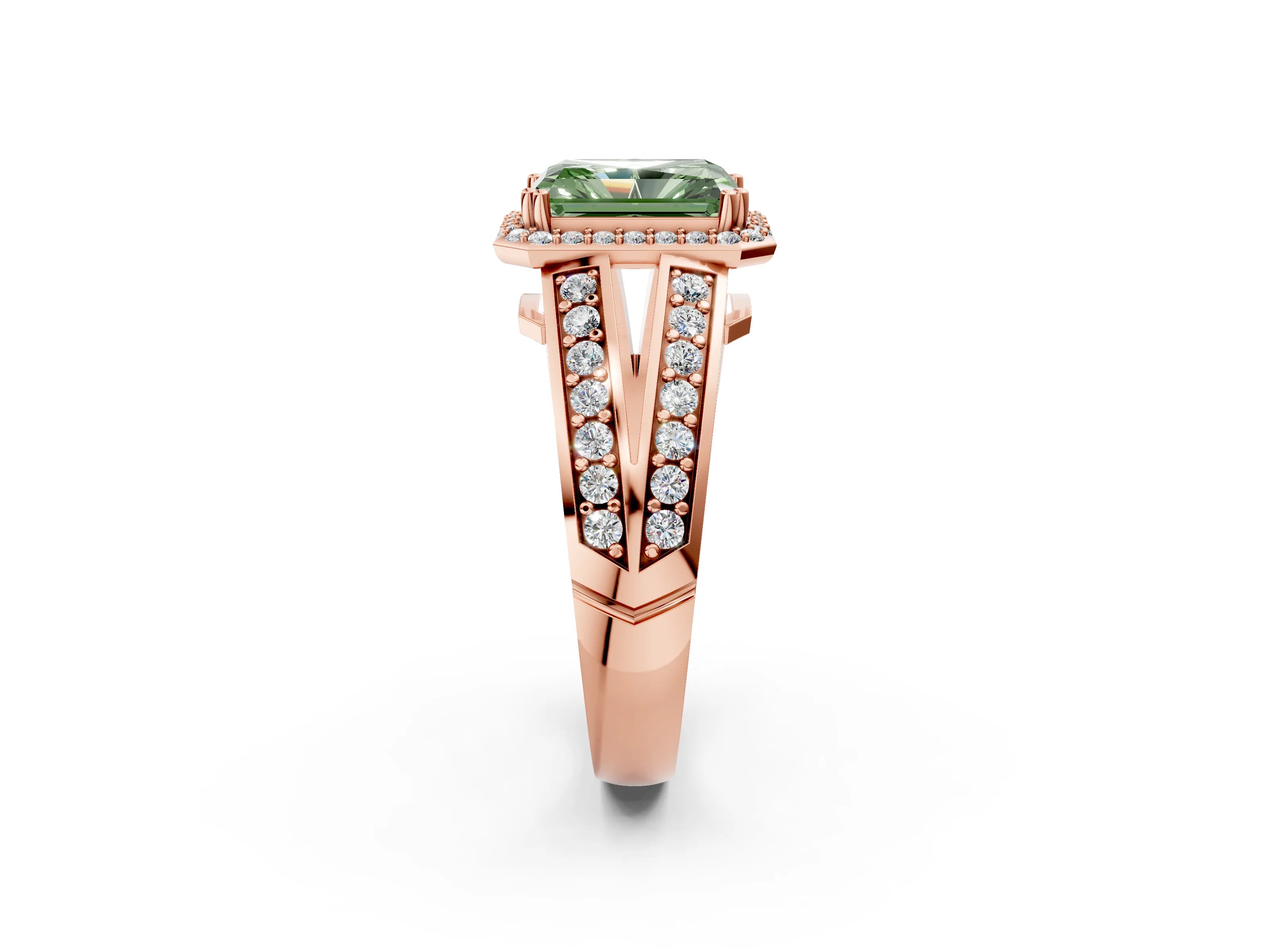 Rose gold Fancy Green Radiant Cut Diamond Halo Ring with Split Shank Pavé Band and Four-Prong Setting_2