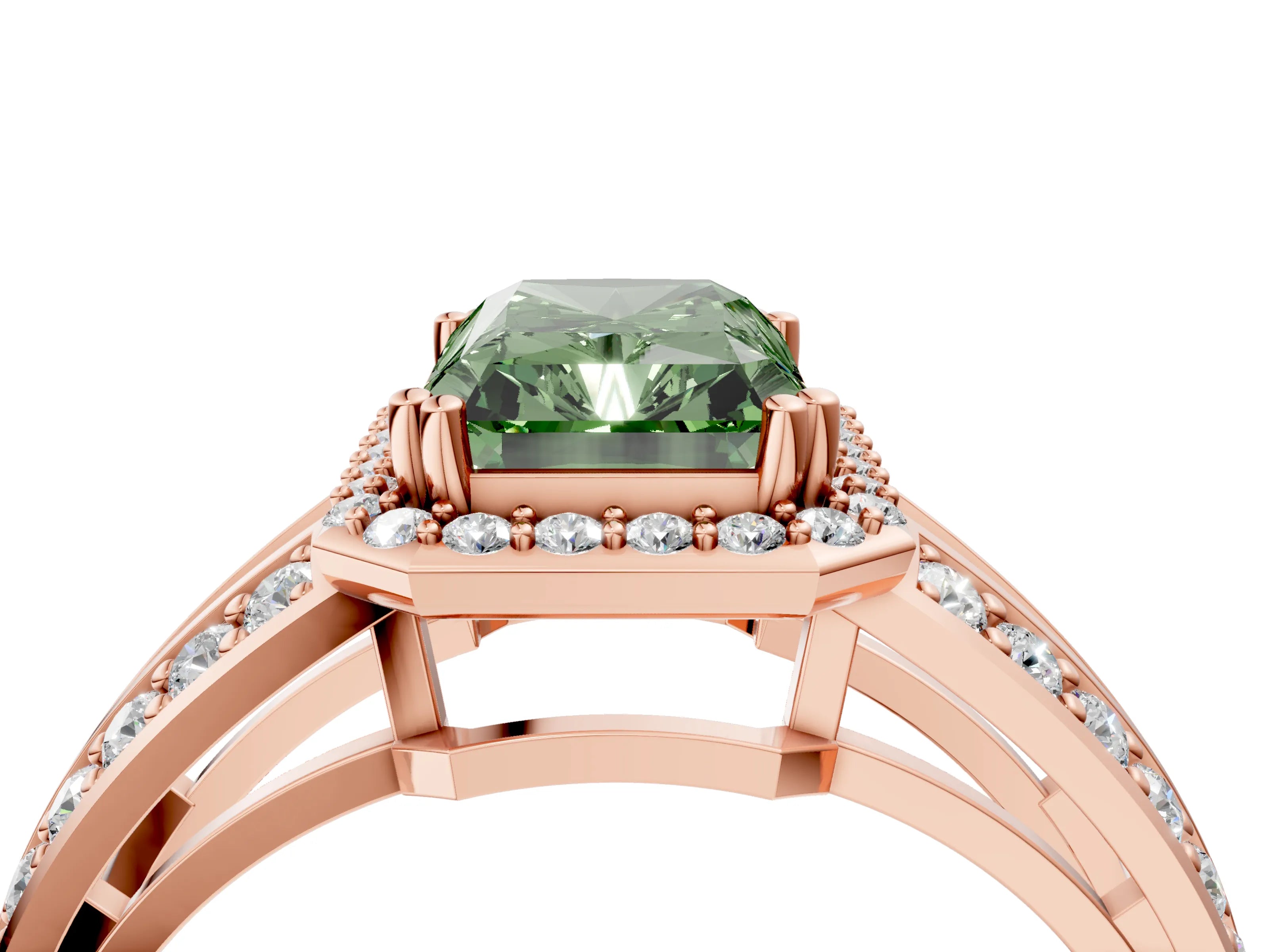 Rose gold Fancy Green Radiant Cut Diamond Halo Ring with Split Shank Pavé Band and Four-Prong Setting_4