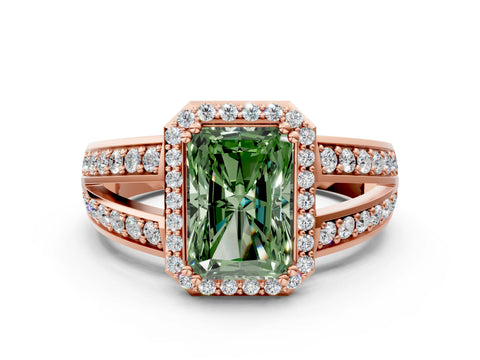 Rose gold Fancy Green Radiant Cut Diamond Halo Ring with Split Shank Pavé Band and Four-Prong Setting