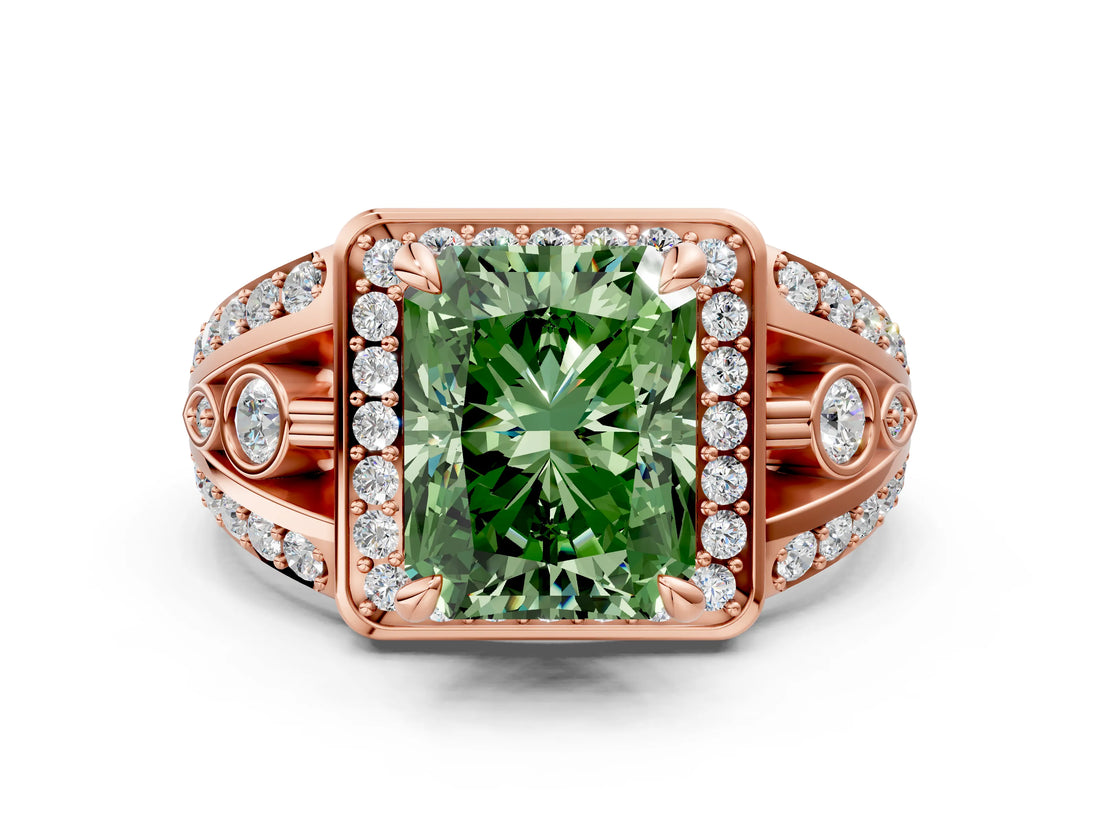 Rose gold Fancy Green Radiant Cut Diamond Halo Ring with Split Shank and Bezel Accents and Four-Prong Setting