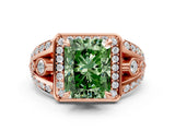 Rose gold Fancy Green Radiant Cut Diamond Halo Ring with Split Shank and Bezel Accents and Four-Prong Setting