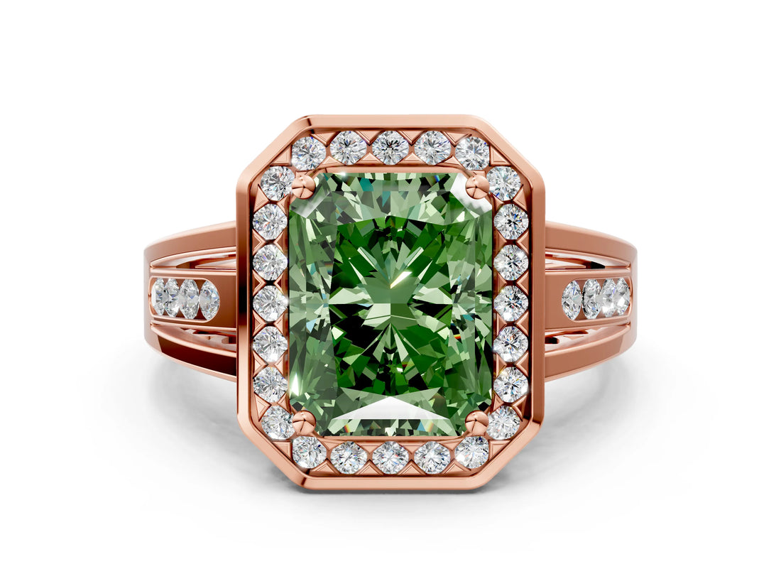 Rose gold Fancy Green Radiant Cut Diamond Halo Ring with Split Shank and Bezel Accents and Prong Setting