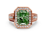 Rose gold Fancy Green Radiant Cut Diamond Halo Ring with Split Shank and Bezel Accents and Prong Setting