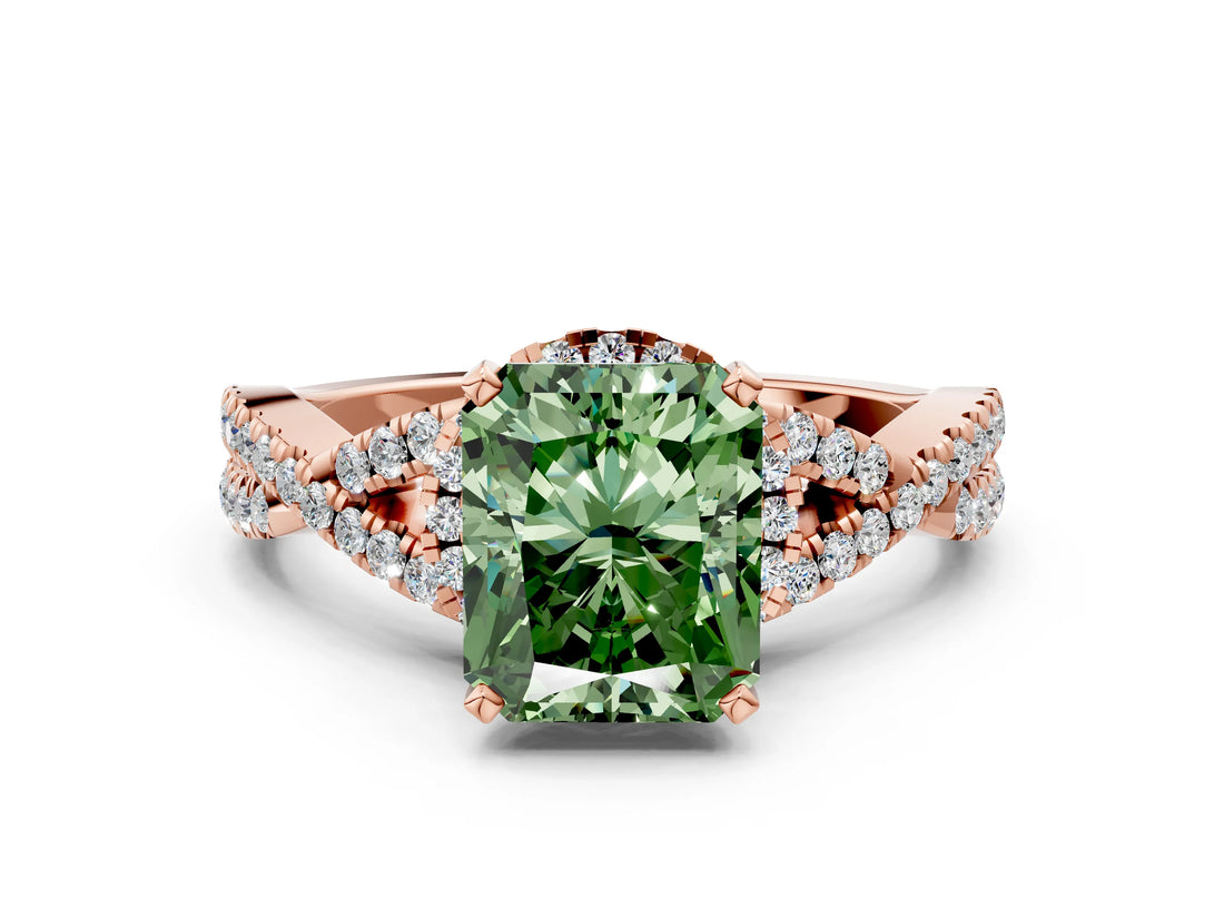 Rose gold Fancy Green Radiant Cut Diamond  Halo Twist Band Solitaire Prong Setting Ring_60
