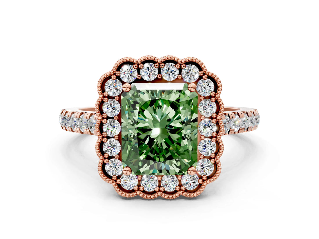 Rose gold Fancy Green Radiant  Cut Diamond Milgrain Floral Halo Engagement Ring with Pavé Band_15