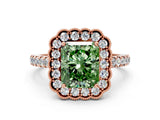 Rose gold Fancy Green Radiant  Cut Diamond Milgrain Floral Halo Engagement Ring with Pavé Band_15