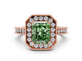 Rose gold Fancy Green Radiant Cut Diamond Milgrain Halo Engagement Ring with Round Pavé Band and Prong Setting_12