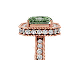 Rose gold Fancy Green Radiant Cut Diamond Milgrain Halo Engagement Ring with Round Pavé Band and Prong Setting_17