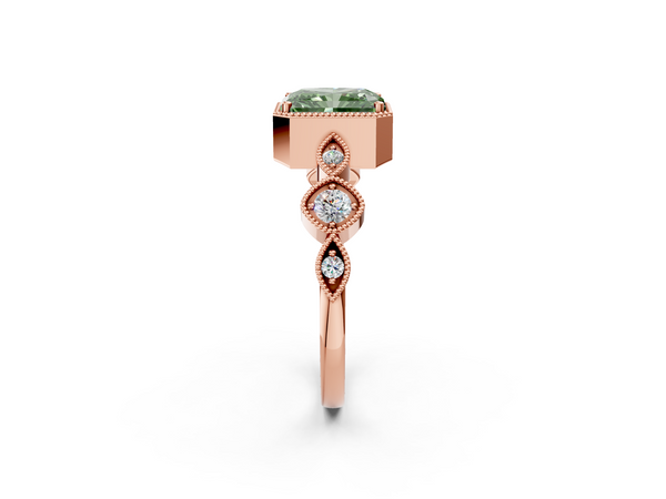 Rose gold Fancy Green Radiant  Cut Diamond Milgrain Marquise Band with Prong Setting