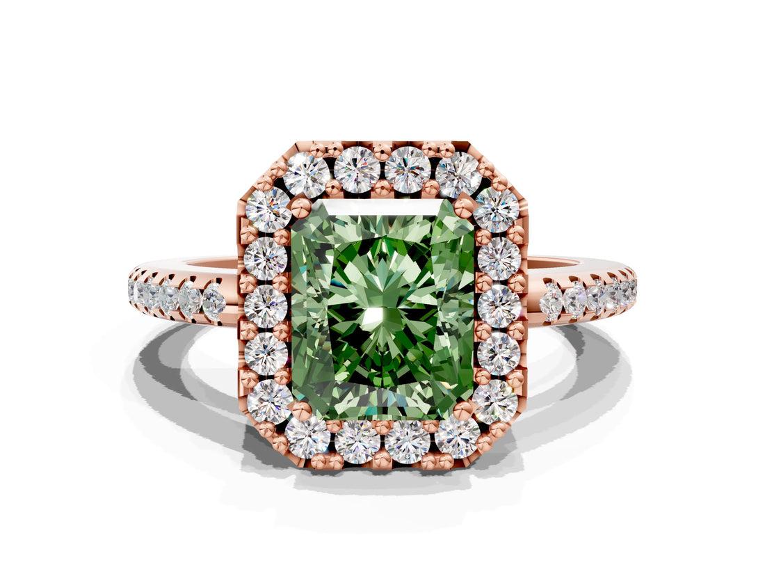 Rose gold Fancy Green Radiant Cut Diamond Pavé Halo Ring with Four-Prong Setting_36