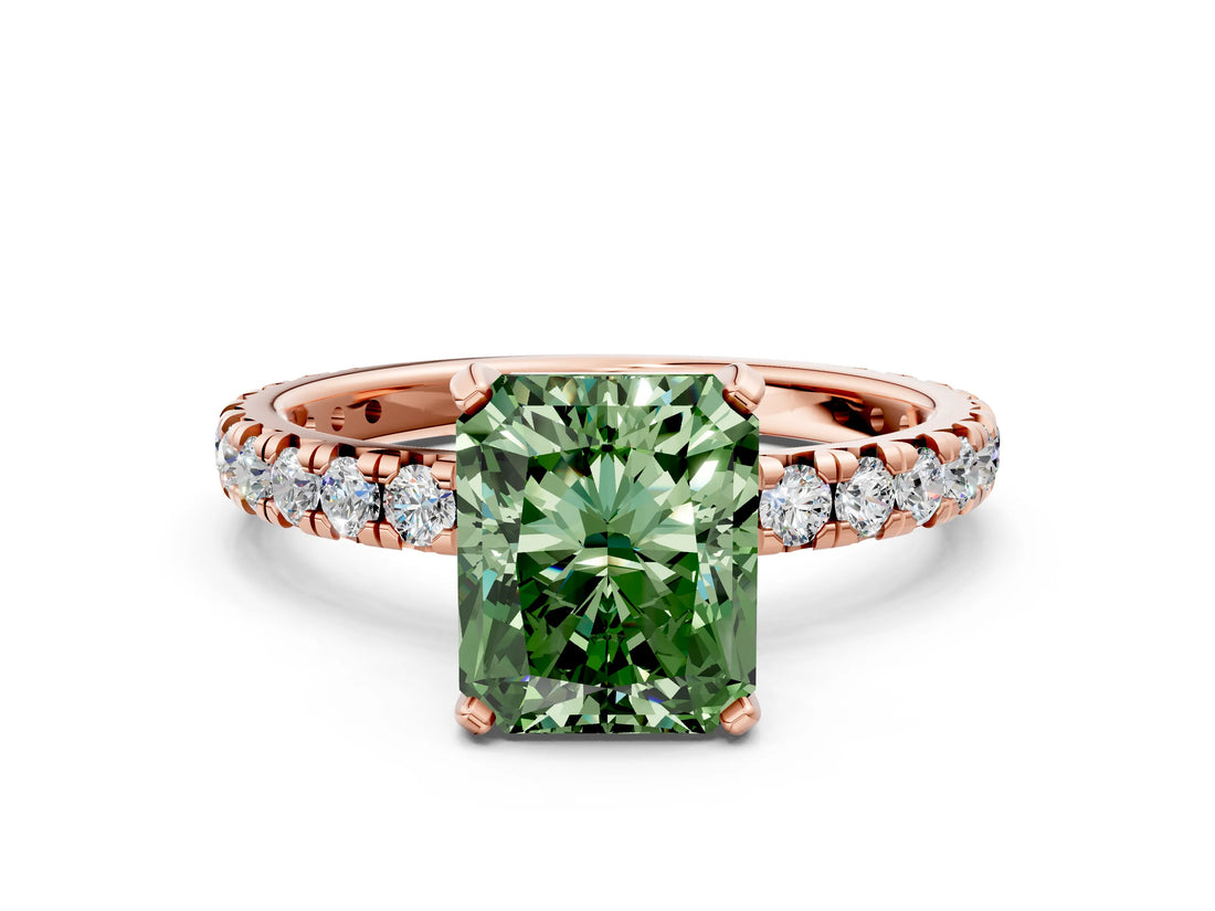 Rose gold Fancy Green Radiant Cut Diamond Pavé Solitaire Ring with Round Band and Prong Setting_12