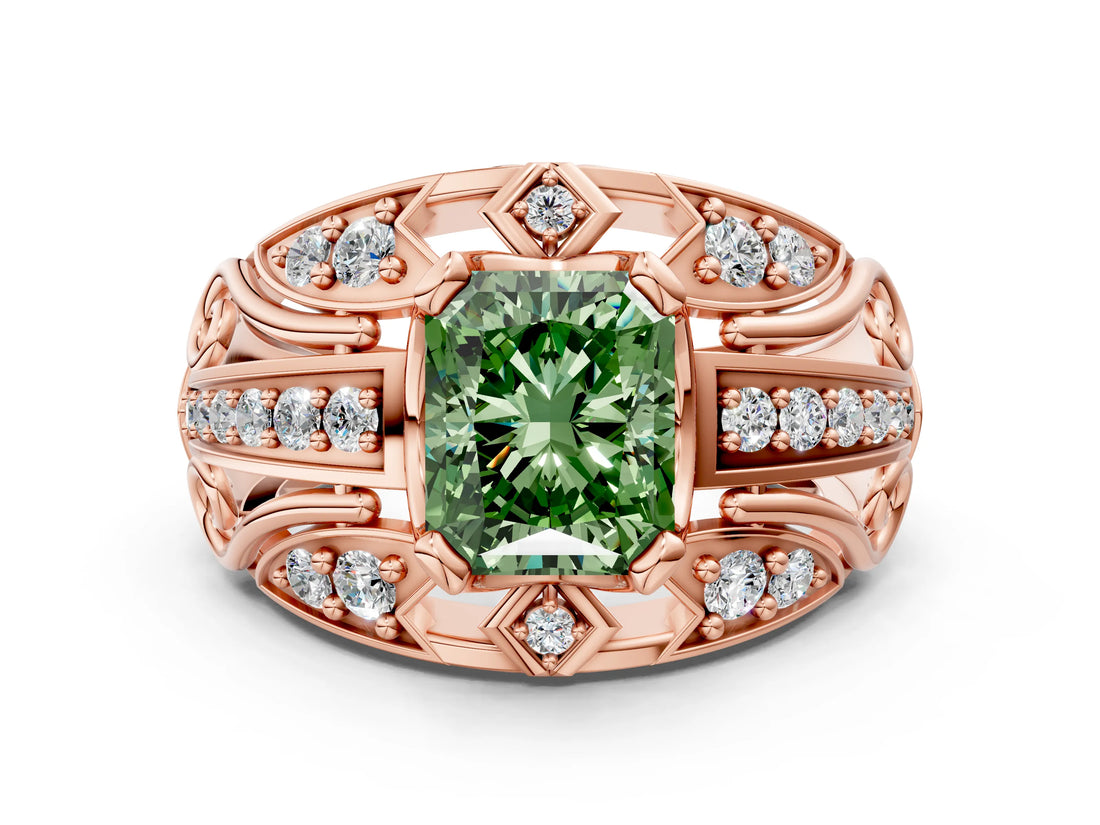 Rose gold Fancy Green Radiant Cut Diamond Pave Art Deco Split Shank Ring with Four-Prong Setting