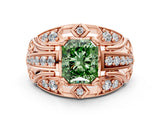 Rose gold Fancy Green Radiant Cut Diamond Pave Art Deco Split Shank Ring with Four-Prong Setting