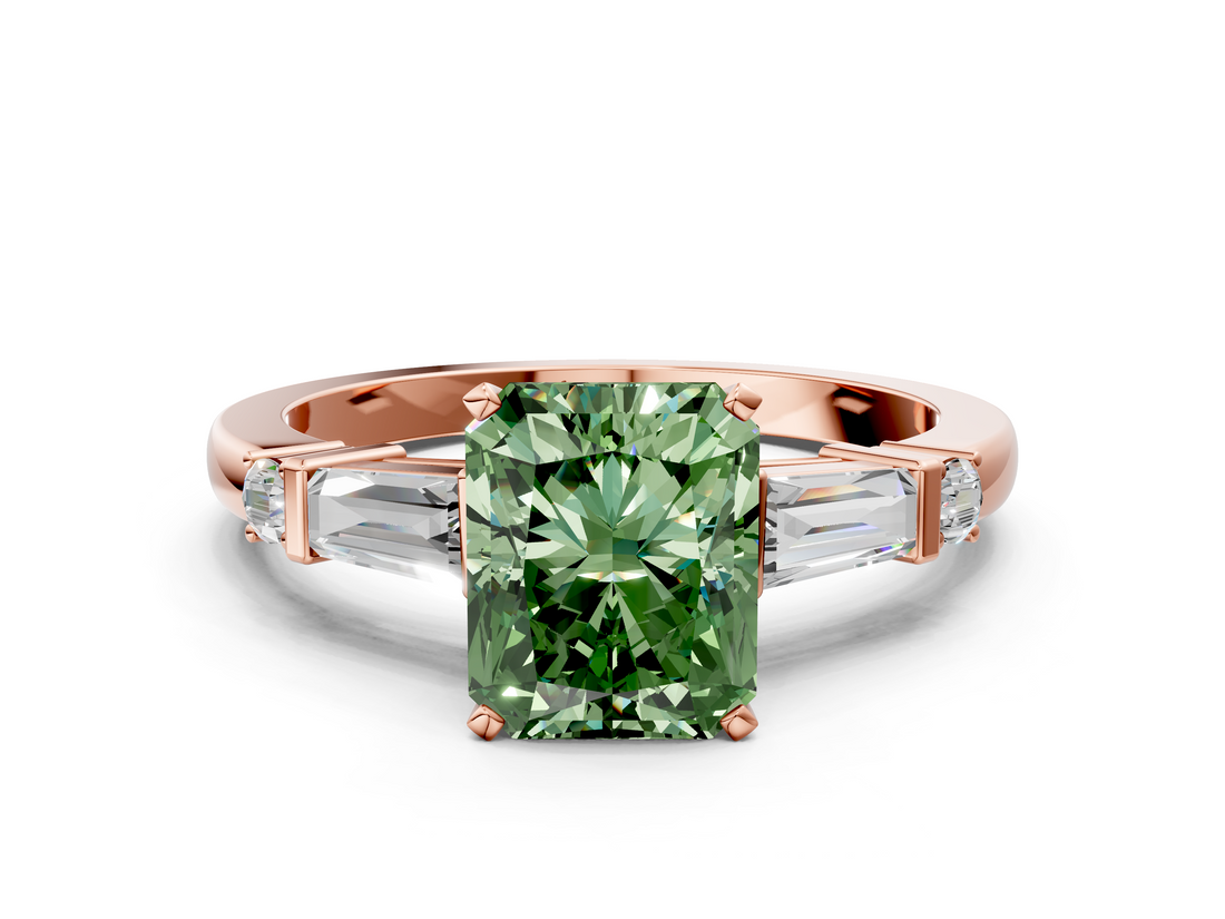 Rose gold Fancy Green Radiant  Cut Diamond Ring with Baguette Side Stones, Channel Set Band, and Four-Prong Setting_3