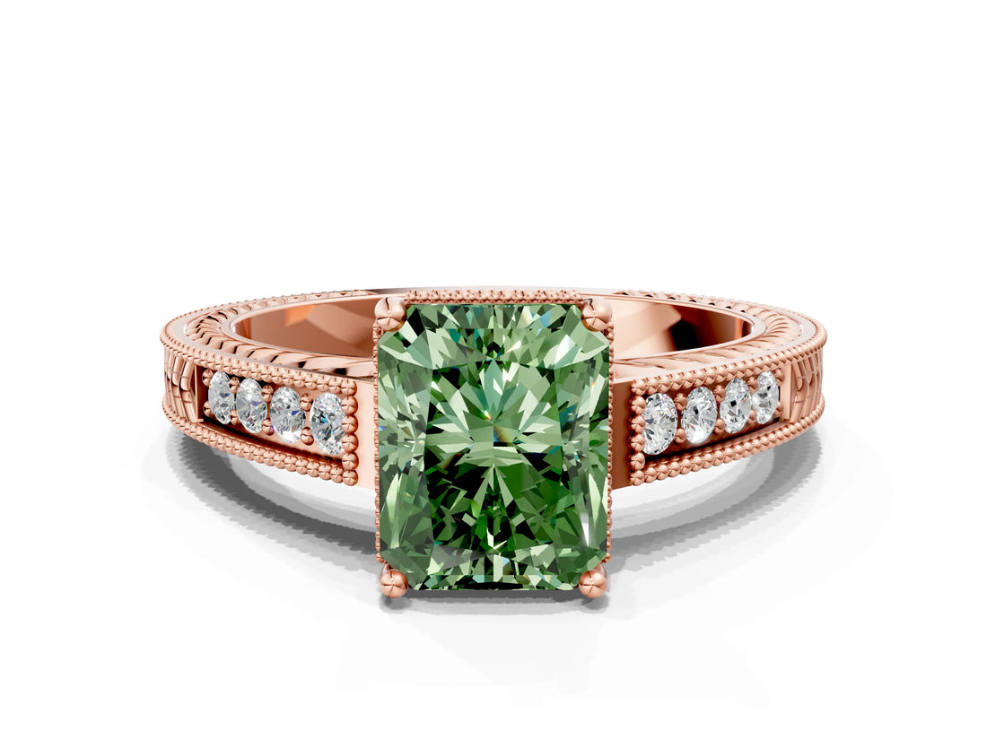 Rose gold Fancy Green Radiant Cut Diamond Ring with Milgrain Pavé Band and Four-Prong Setting_19