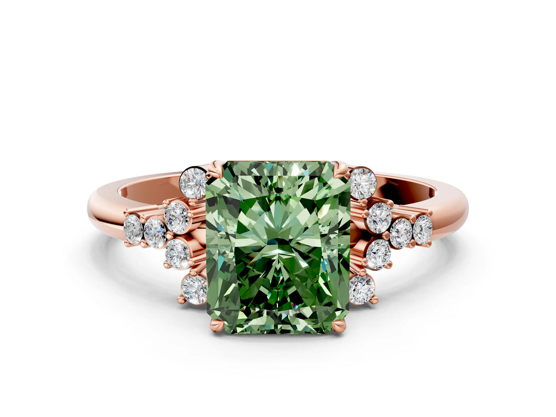 Rose gold Fancy Green Radiant Cut Diamond Ring with Side Stones and Four-Prong Setting_109
