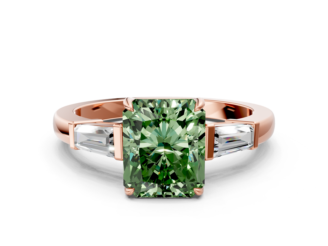 Rose gold Fancy Green Radiant  Cut Diamond Ring with Tapered Baguette Side Stones in Four-Prong Setting_3