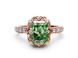 Rose gold Fancy Green Radiant Cut Diamond Scalloped Halo Engagement Ring with Round Shared Prong Band_12