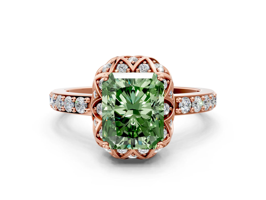 Rose gold Fancy Green Radiant Cut Diamond Scalloped Halo Engagement Ring with Round Shared Prong Band_24