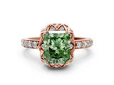 Rose gold Fancy Green Radiant Cut Diamond Scalloped Halo Engagement Ring with Round Shared Prong Band_24