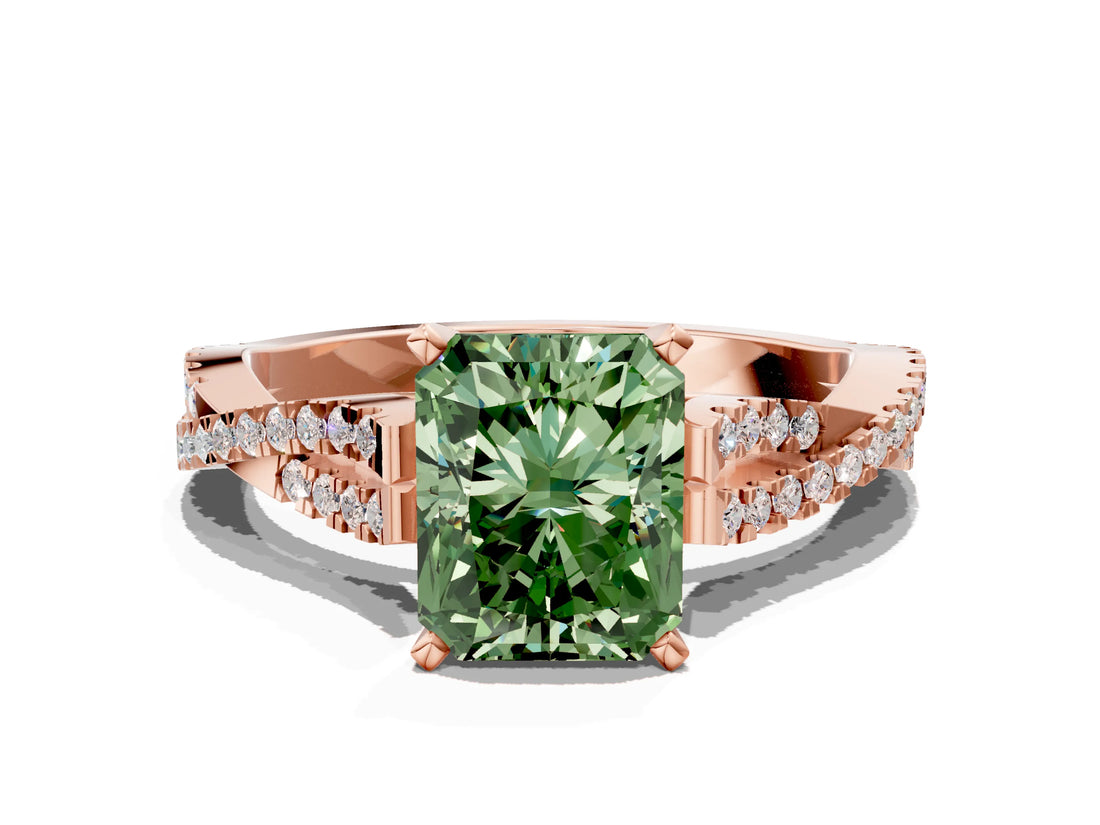 Rose gold Fancy Green Radiant Cut Diamond Solitaire Engagement Ring with Twisted Pavé Band and Four-Prong Setting_44