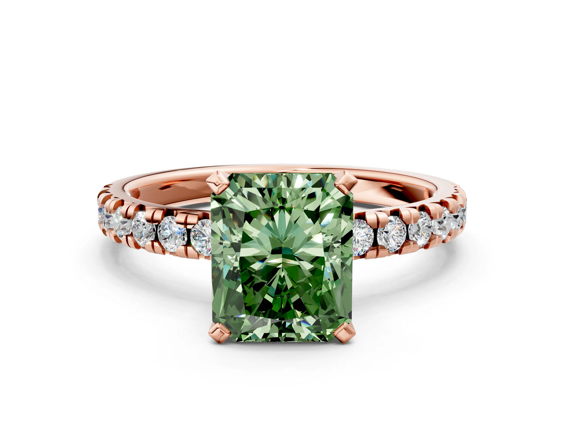 Rose gold Fancy Green Radiant Cut Diamond Solitaire Pavé Engagement Ring with Round Band and Prong Setting_74