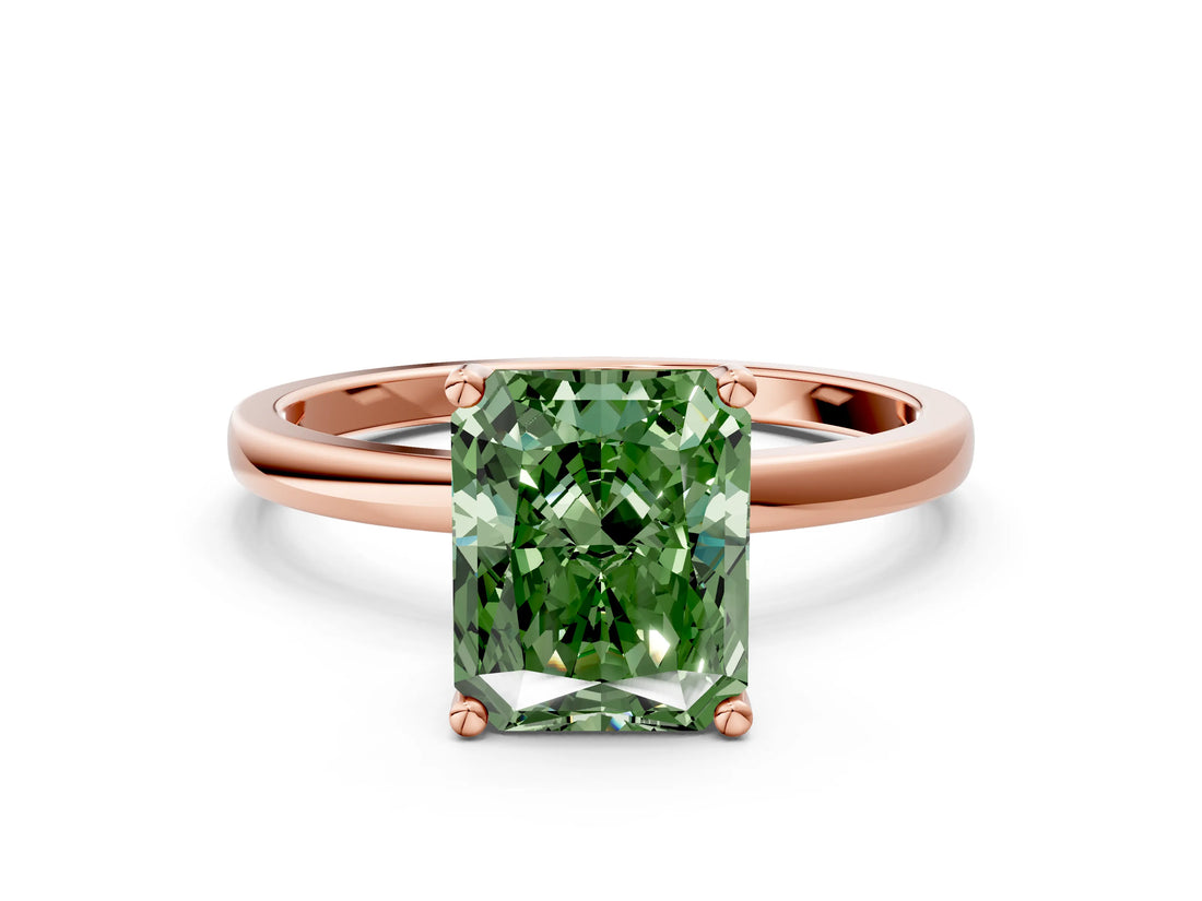 Rose gold Fancy Green Radiant Cut Diamond Solitaire Ring with Classic Band and Four-Prong Setting