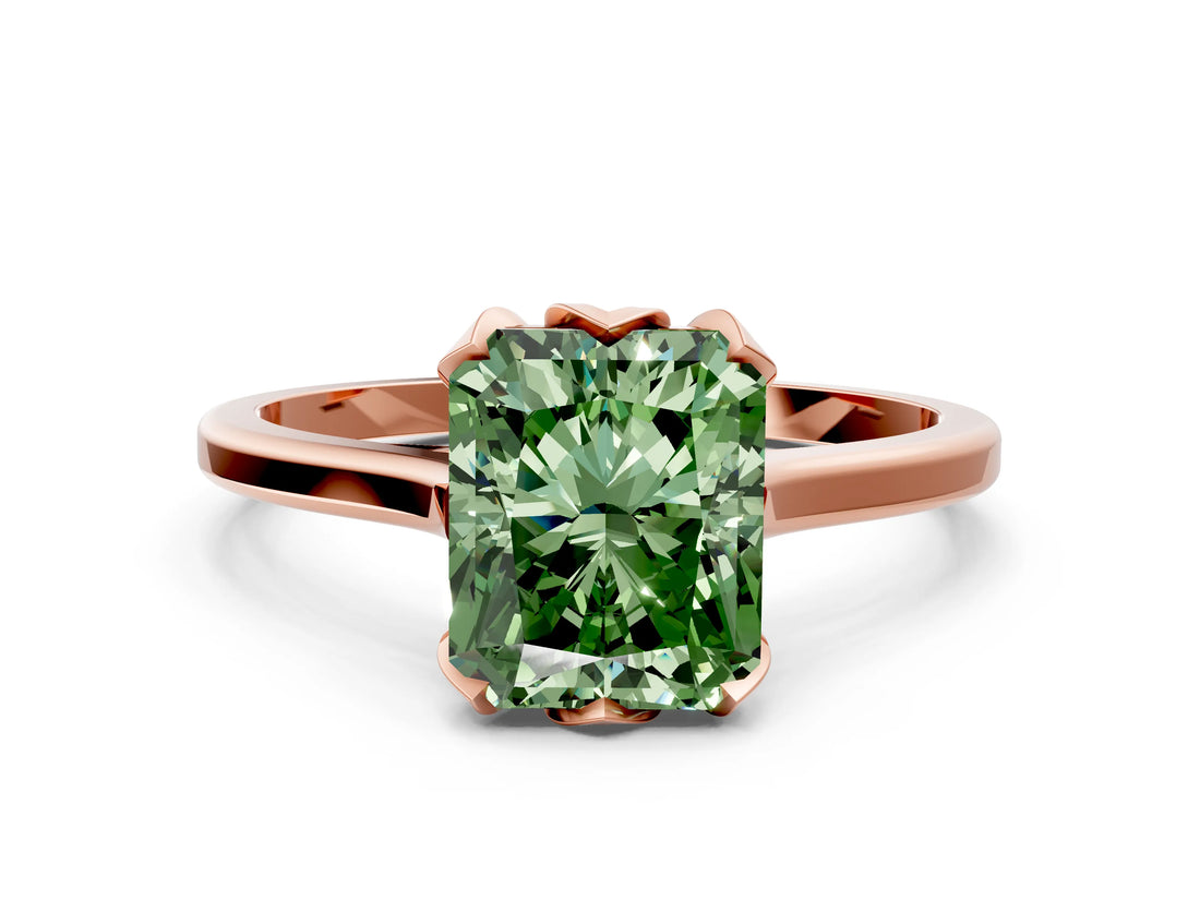 Rose gold Fancy Green Radiant Cut Diamond Solitaire Ring with Flower Prong Setting and Classic Band_36
