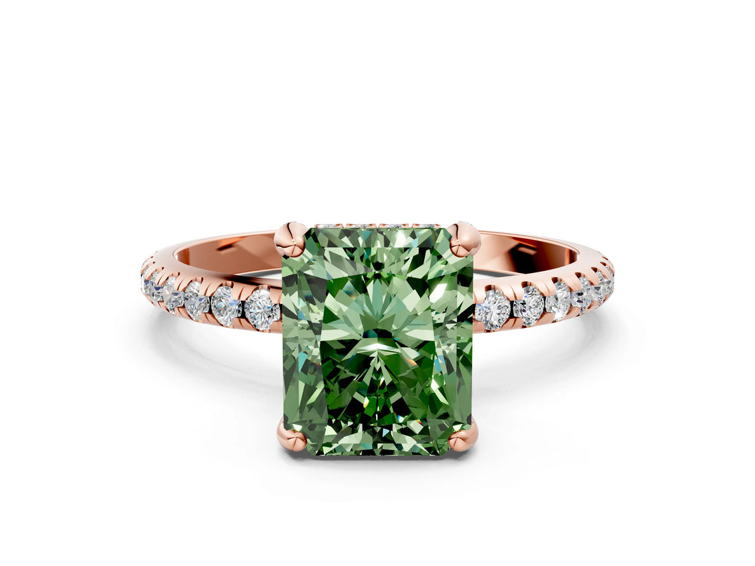 Rose gold Fancy Green Radiant Cut Diamond Solitaire Ring with Four-Prong Setting and Pavé Band_3
