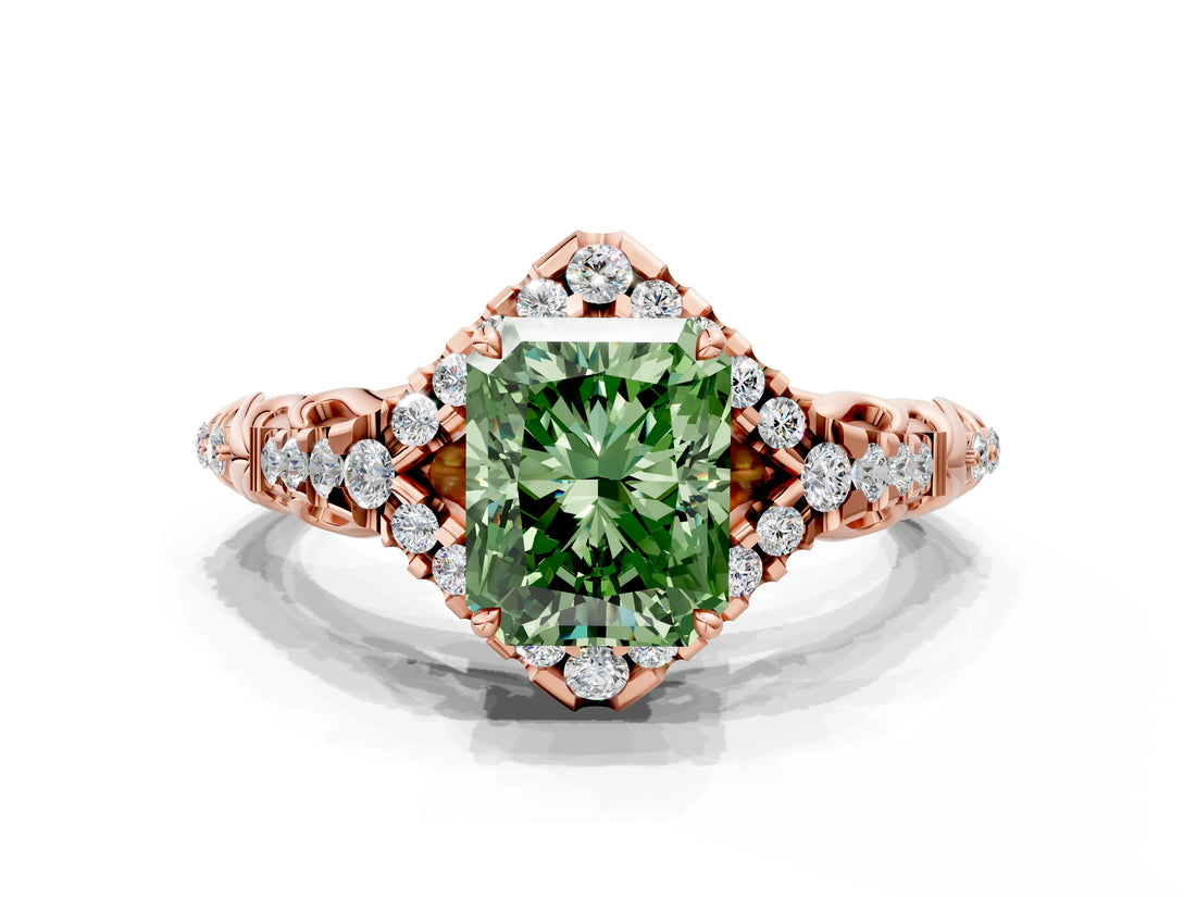 Rose gold Fancy Green Radiant Cut Diamond Solitaire Ring with Hidden Halo and Pavé Band_27