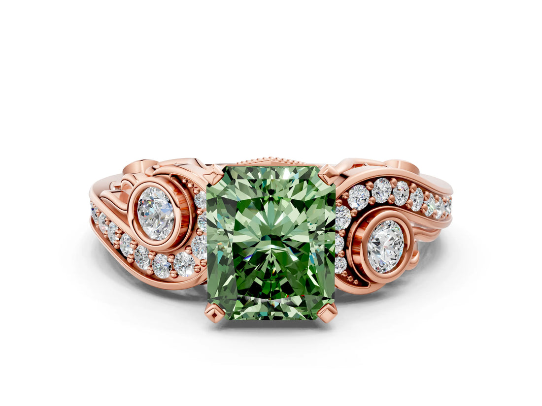 Rose gold Fancy Green Radiant Cut Diamond Solitaire Ring with Milgrain Pavé Band and Four-Prong Setting_153