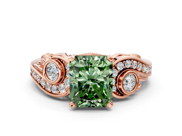 Rose Gold Radiant Cut Vintage Swirl Engagement Ring Setting for Fancy Green Center